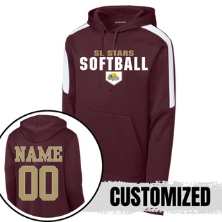 Maroon colorblock performance hoodie with bold block SL Stars Softball home plate design on front and gold player name and number on back
