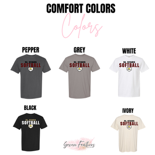 Comfort Colors tee swatches in pepper grey white black and ivory with SL Stars Softball bold block home plate design