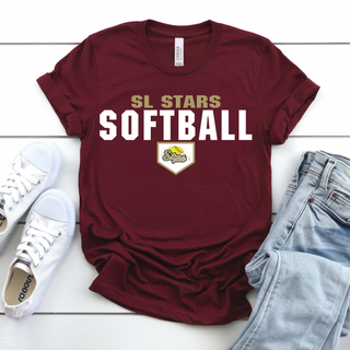 Maroon graphic top laid flat with bold block SL Stars Softball text and home plate Stars logo design with white sneakers and jeans