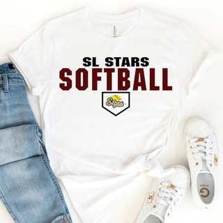 White graphic top laid flat with bold block SL Stars Softball text and home plate Stars logo design with white sneakers and jeans