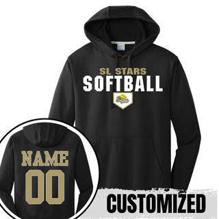 Black performance hoodie with bold block SL Stars Softball home plate design on front and gold player name and number on back