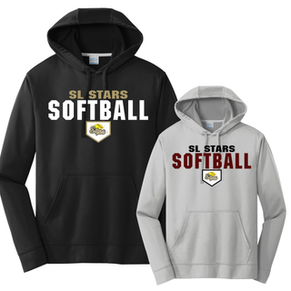 Black and silver performance hoodies with bold block SL Stars Softball text and home plate Stars logo on white background