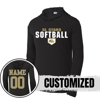 Black lightweight pullover hoodie with bold block SL Stars Softball home plate design on front and gold player name and number on back