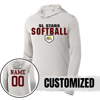 silver lightweight pullover hoodie with bold block SL Stars Softball home plate design on front and maroon player name and number on back