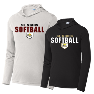 White and black lightweight pullover hoodies with bold block SL Stars Softball home plate design on white background