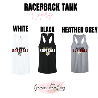 Racerback tank top color swatches in white black and heather grey with bold block SL Stars Softball home plate design