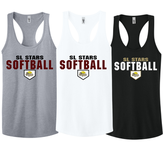 Heather grey white and black racerback tank tops with bold block SL Stars Softball text and home plate Stars logo on white background