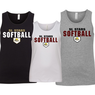 Black white and athletic heather youth jersey tank tops with bold block SL Stars Softball text and home plate Stars logo on white background
