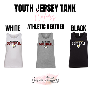 Youth jersey tank top color swatches in white athletic heather and black with bold block SL Stars Softball home plate design