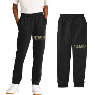 black jogger pants with gold STARS and white SOFTBALL print on left thigh front and plain back