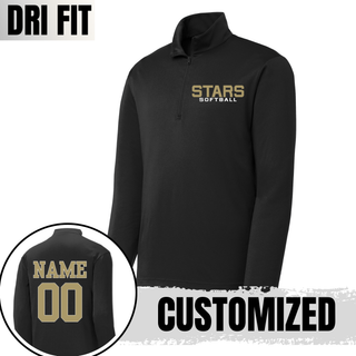 black quarter zip pullover with stars softball chest print and back name and number example