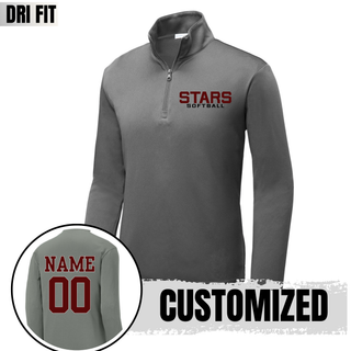 grey concrete quarter zip pullover with stars softball chest print and back name and number example
