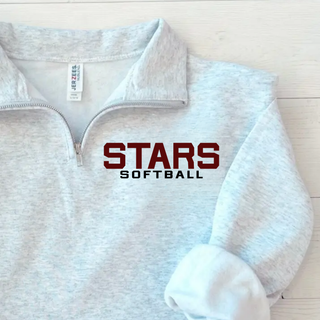 ash grey quarter zip sweatshirt with stars softball print on left chest