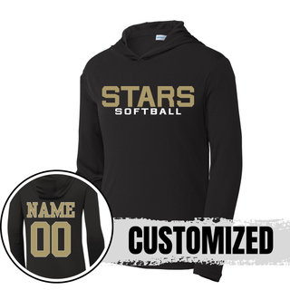 black hooded top with stars softball front print and back name and number example