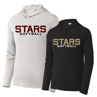 light silver and black hooded tops with stars softball front print in red and gold lettering