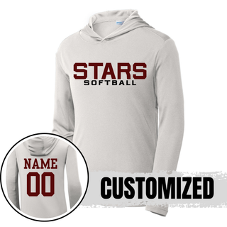 light silver hooded top with stars softball front print and back name and number example