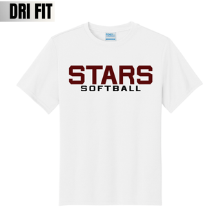 White dri-fit performance top with oversized bold varsity Stars Softball stacked text design on white background