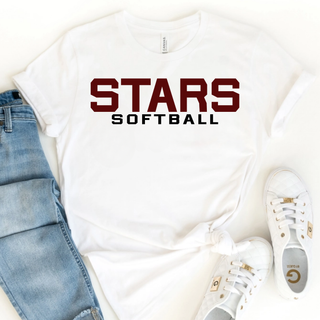 White graphic top laid flat with oversized bold varsity Stars Softball stacked text design with white sneakers and jeans