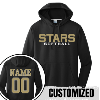 Black performance hoodie with bold varsity Stars Softball stacked design on front and gold player name and number on back
