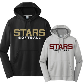 Black and silver performance hoodies with bold varsity Stars Softball stacked text design on white background