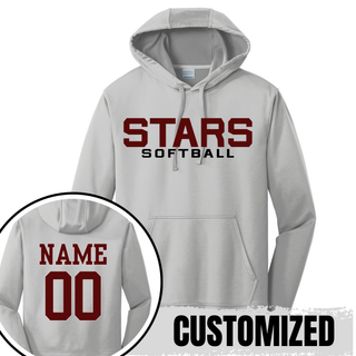 Silver performance hoodie with bold varsity Stars Softball stacked design on front and maroon player name and number on back