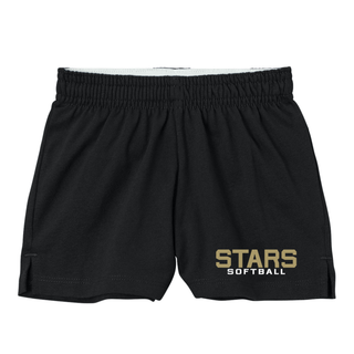 Black squad shorts with gold and white bold varsity Stars Softball stacked text design on lower left leg on white background