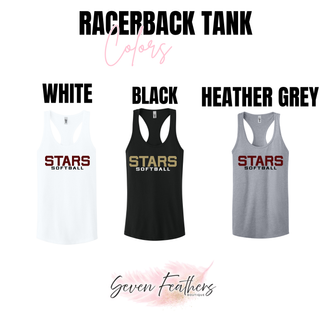 three racerback tank tops labeled white black and heather grey with stars softball print