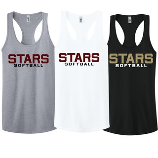 white black and heather grey racerback tank tops with stars softball front print