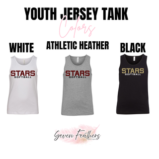 youth tank tops labeled white athletic heather and black with stars softball print