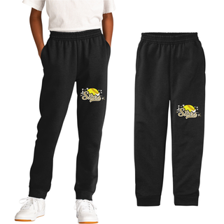 Black core fleece jogger sweatpants shown on youth model and flat lay with gold and yellow SL Stars softball logo featuring yellow softball gold script Stars text and white star burst DTF print on lower left leg on white background