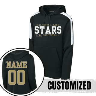 Black Sport-Tek colorblock performance pullover hoodie with Silver Lake Stars Softball graphic on front and customized name and number on back in gold
