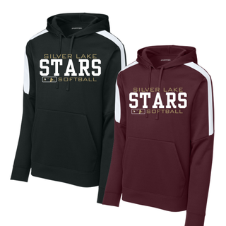 Black and maroon Sport-Tek colorblock performance pullover hoodies with white sleeves and Silver Lake Stars Softball varsity stacked graphic in gold and white