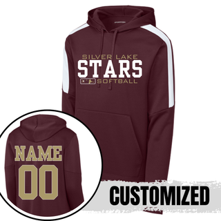 Maroon Sport-Tek colorblock performance pullover hoodie with Silver Lake Stars Softball graphic on front and customized name and number on back in gold
