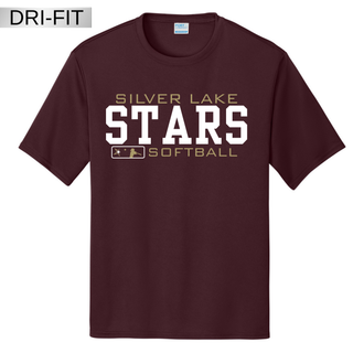 Maroon unisex dri-fit short sleeve performance top with Silver Lake Stars Softball bold varsity stacked graphic in white and gold