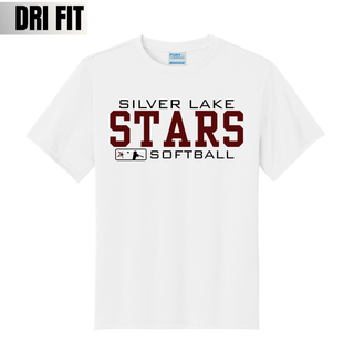 White unisex dri-fit short sleeve performance top with Silver Lake Stars Softball bold varsity stacked graphic in maroon and black
