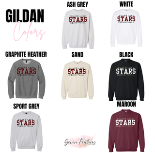 Diamond District design on Gildan crewneck sweatshirts shown in ash grey, white, graphite heather, sand, black, sport grey, and maroon