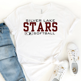 White unisex short sleeve tee with Silver Lake Stars Softball bold varsity stacked graphic in maroon and black, flat lay styled with jeans and white sneakers