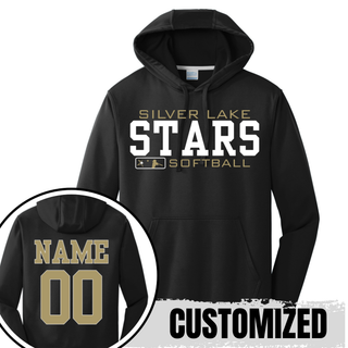 Black unisex performance pullover hoodie with Silver Lake Stars Softball varsity stacked graphic on front and customized name and number on back in gold