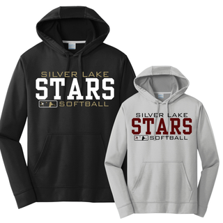 Black and silver unisex performance pullover hoodies with Silver Lake Stars Softball varsity stacked graphic in gold and maroon