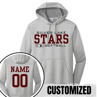 Silver unisex performance pullover hoodie with Silver Lake Stars Softball varsity stacked graphic on front and customized name and number on back in maroon