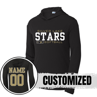 Black Diamond District softball pullover hoodie with custom gold name and number on back