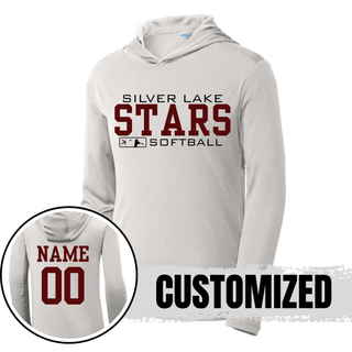 Silver Diamond District softball pullover hoodie with custom maroon name and number on back