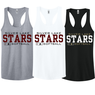 Diamond District SL Stars Softball racerback tanks in heather grey, white, and black