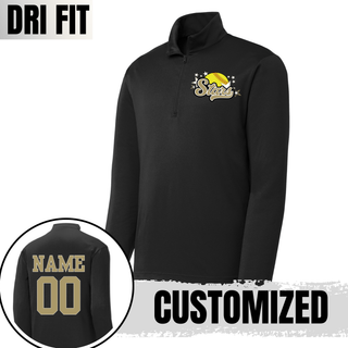 Black Sport-Tek dri-fit performance quarter-zip with yellow softball gold script Stars and white star burst DTF print on left chest and back view closeup showing gold name and number customization on white background