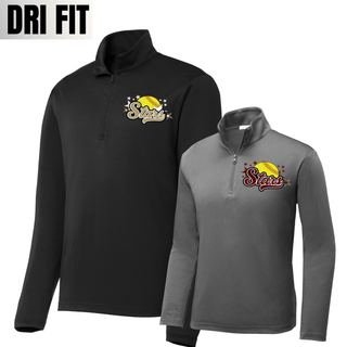  Black and grey Sport-Tek dri-fit performance quarter-zip pullovers shown side by side with yellow softball gold and maroon script Stars and star burst DTF print on left chest on white background