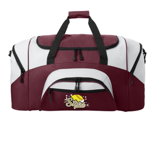 Maroon and white duffle bag with SL Stars Softball logo DTF printed on front zippered pocket