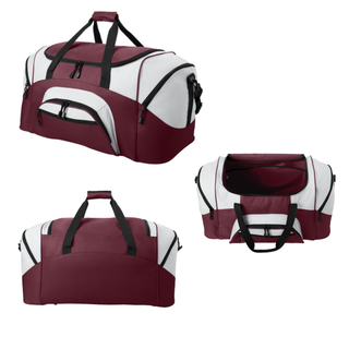 Three angle view of maroon and white SL Stars Softball duffle bag showing open main compartment and back panel