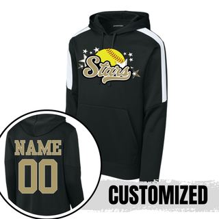  Black Sport-Tek two-tone performance hoodie with white sleeve stripe and large yellow softball gold script Stars DTF print on chest with back view closeup showing gold name and number customization on white background
