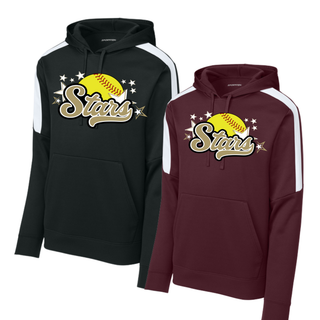  Black and maroon Sport-Tek two-tone performance hoodies with white sleeve stripe shown side by side featuring large yellow softball gold script Stars and white star burst DTF print on chest on white background