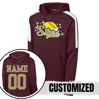 Maroon Sport-Tek two-tone performance hoodie with white sleeve stripe and large yellow softball gold script Stars DTF print on chest with back view closeup showing gold name and number customization on white background